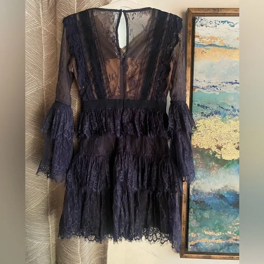 Self-Portrait Mini Dress Size 0 Navy Blue  Lace Ruffles Sleeve Lined - Picture 5 of 16